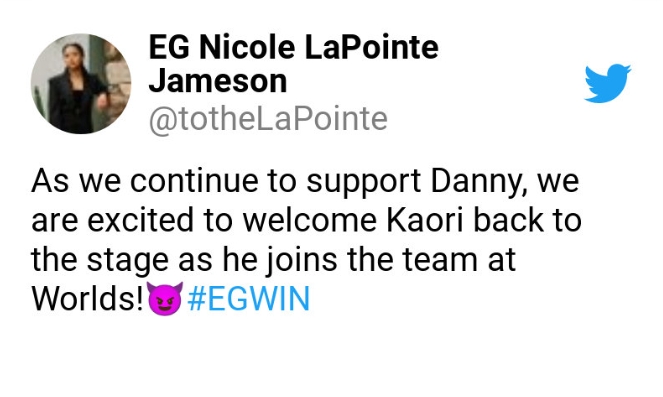 EG官方：Danny将作为替补参加S12 Kaori以主力身份出征世界赛