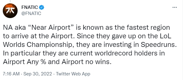 好强的攻击性！FNC调侃：NA作为到达机场最快的赛区被人们熟知