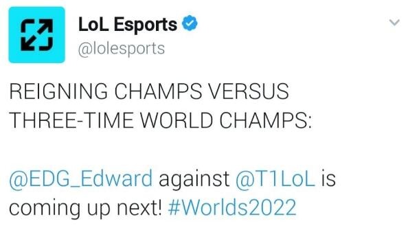 LOL官推：卫冕冠军和三次世界冠军的较量即将开始