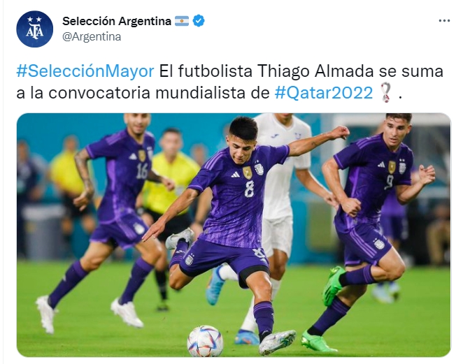 阿根廷官方：蒂亚戈-阿尔马达递补华金-科雷亚，入选世界杯大名单