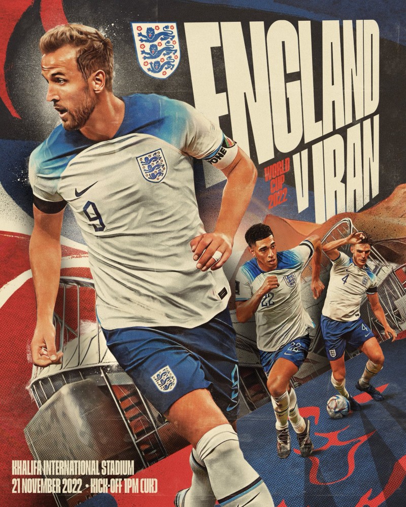 英格兰队发布对阵伊朗海报：凯恩、贝林厄姆、赖斯出镜