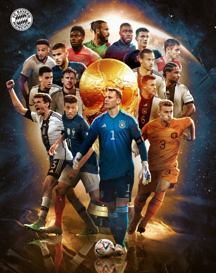 拜仁发布世界杯海报：16位参赛球员出镜，诺伊尔占据C位
