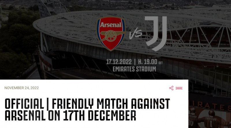 官方：尤文将与阿森纳进行一场友谊赛，时间为12月18日凌晨2时