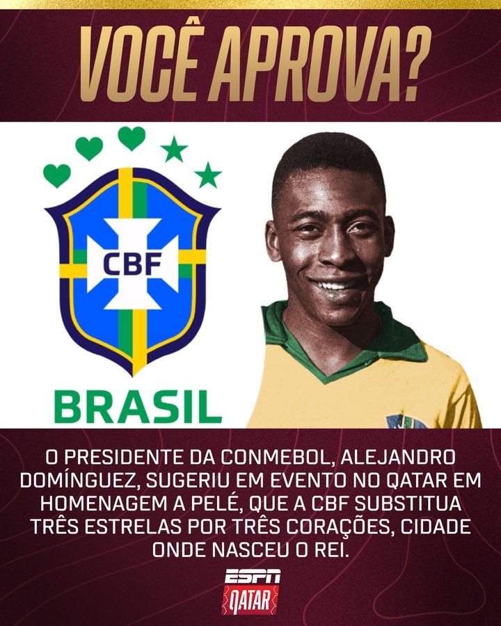 致敬贝利，南美足联主席：希望巴西足协可以将三颗星改成三个心