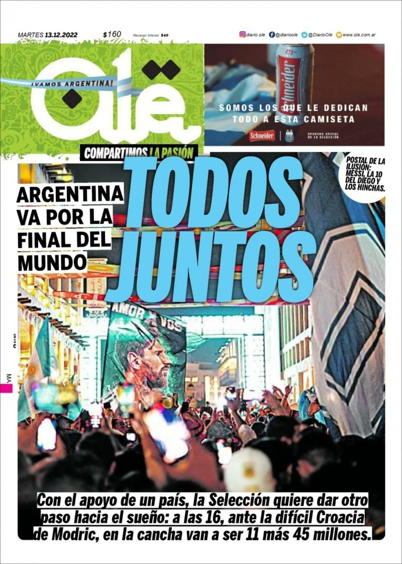 奥莱报头版：阿根廷全国支持国家队，场上将有4500万人+11名球员