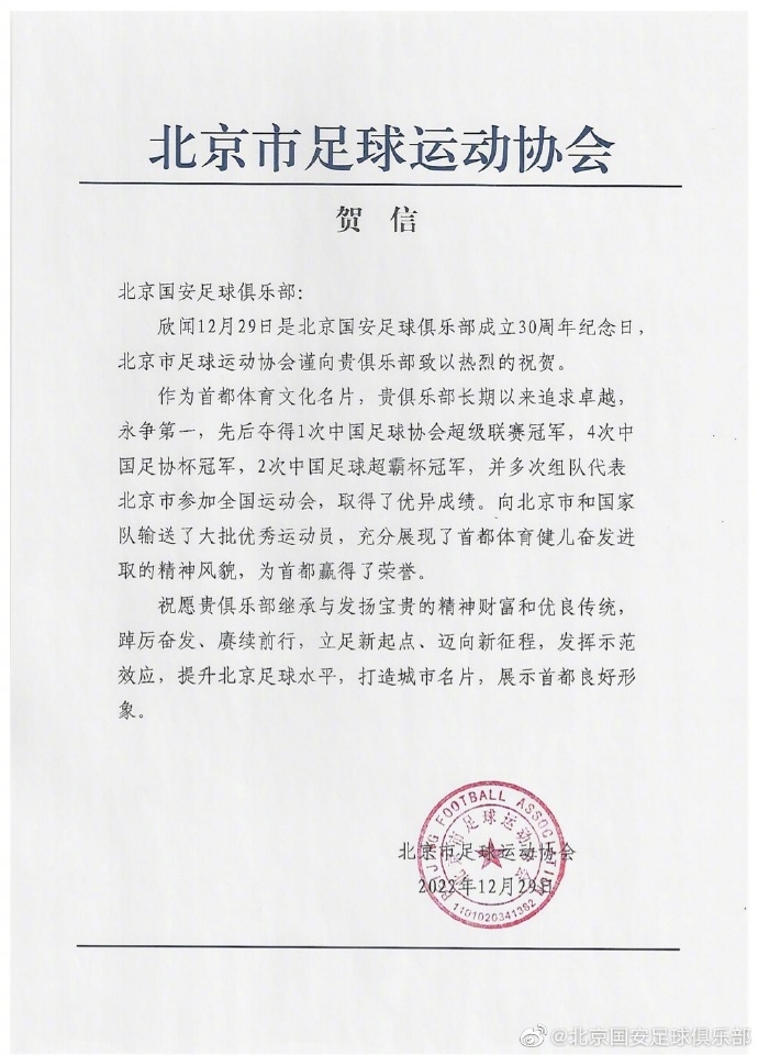 感谢北京市足球协会贺电！希望共同为北京足球的发展一起争第一！