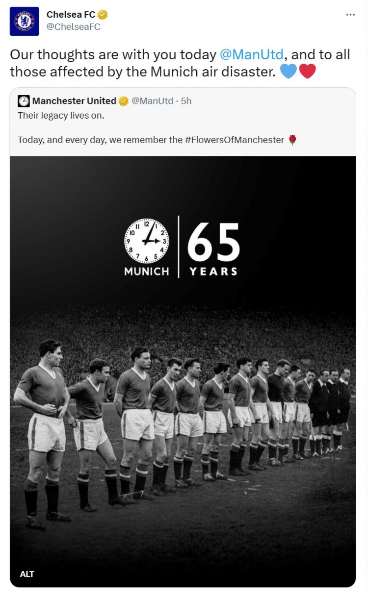 切尔西悼念慕尼黑空难：曼联及受影响的人，我们与你们同在 ?