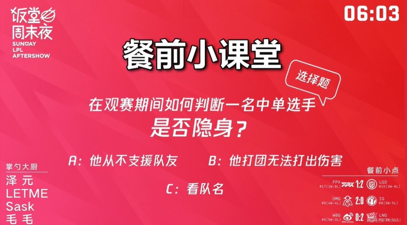 官方开团TES？直播间提问：如何判断一名中单选手是否隐身？