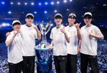 【乐玩LEWIN】LoLesports官推晒T1冠军五人组和奖杯合影:登神 GODS!-乐玩真人线上娱乐