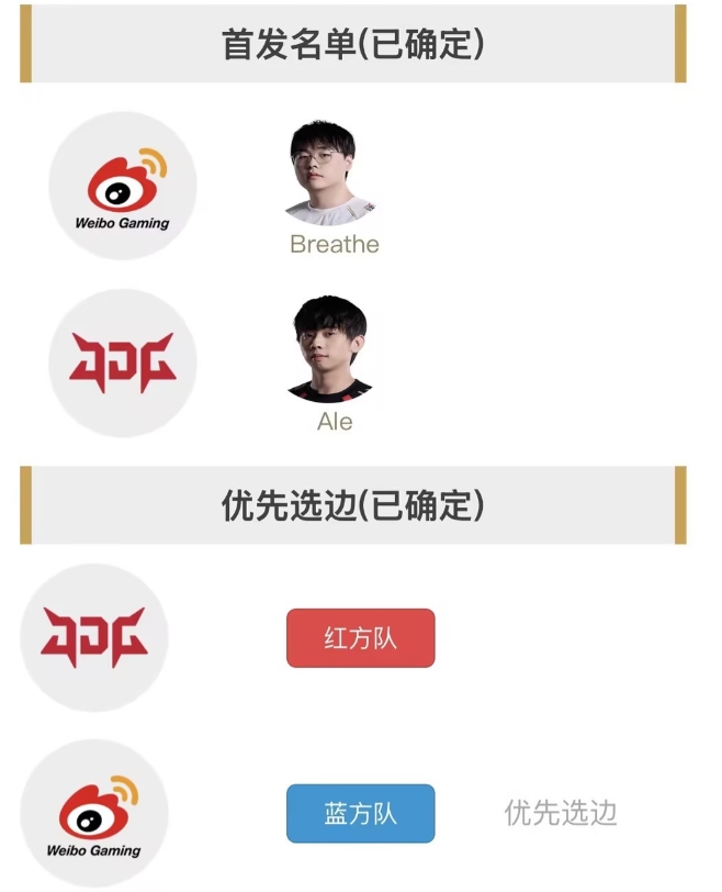 WBGvsJDG首发名单公布：呼吸哥挑战Ale 真是强强对话！