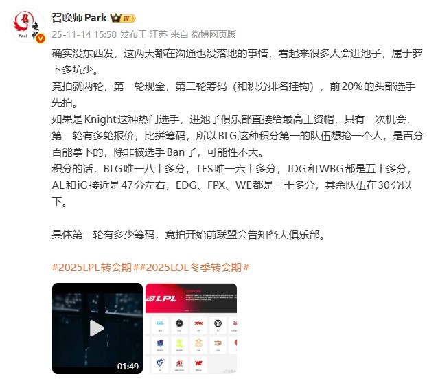 爆料人:LPL竞拍就两轮首轮现金次轮筹码,BLG积分第一想拍谁都行