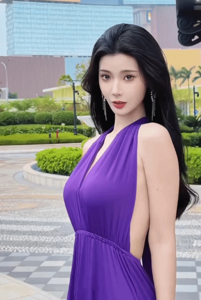 “浩浩妈”紫色长裙韵味十足！深V娇嗔 眼神拉丝了