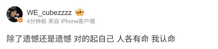WE上单Cube：除了遗憾还是遗憾 对的起自己 人各有命 我认命